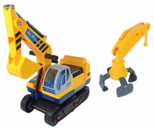 Kollane jeździk-ekskavaator liikuva kopaga laste mänguks