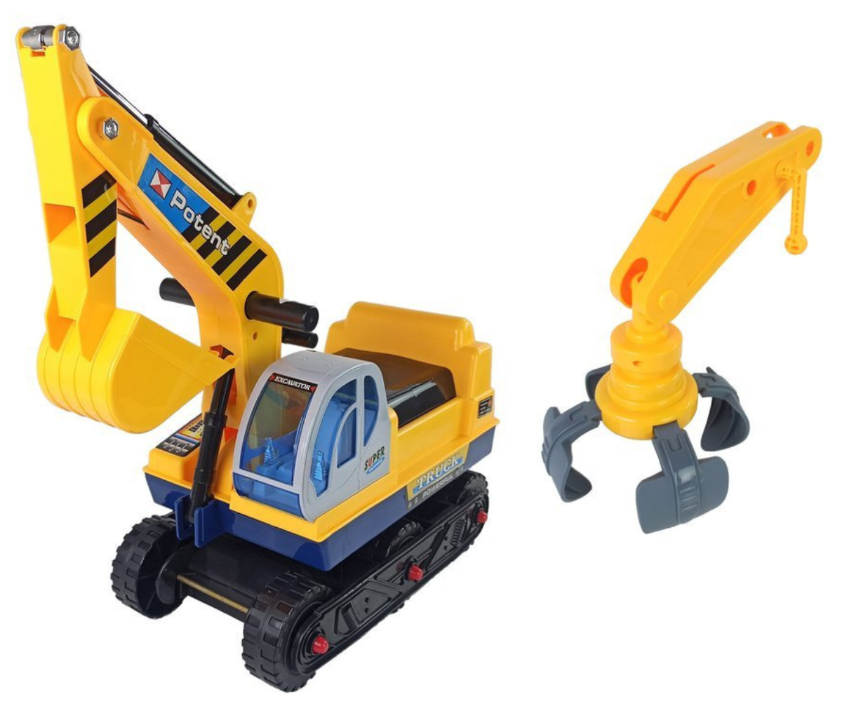 Kollane jeździk-ekskavaator liikuva kopaga laste mänguks