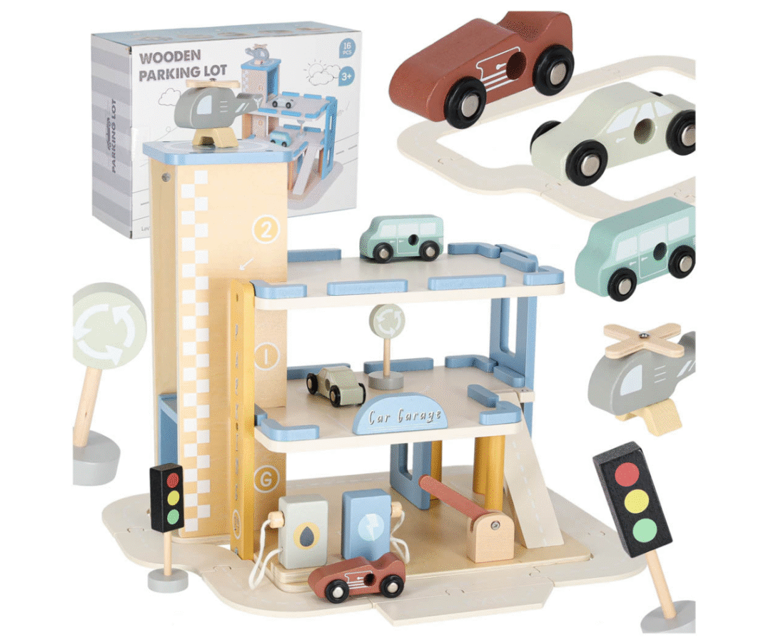 Puidust kahekorruseline mängugaraaž koos liftiga ja autodega.