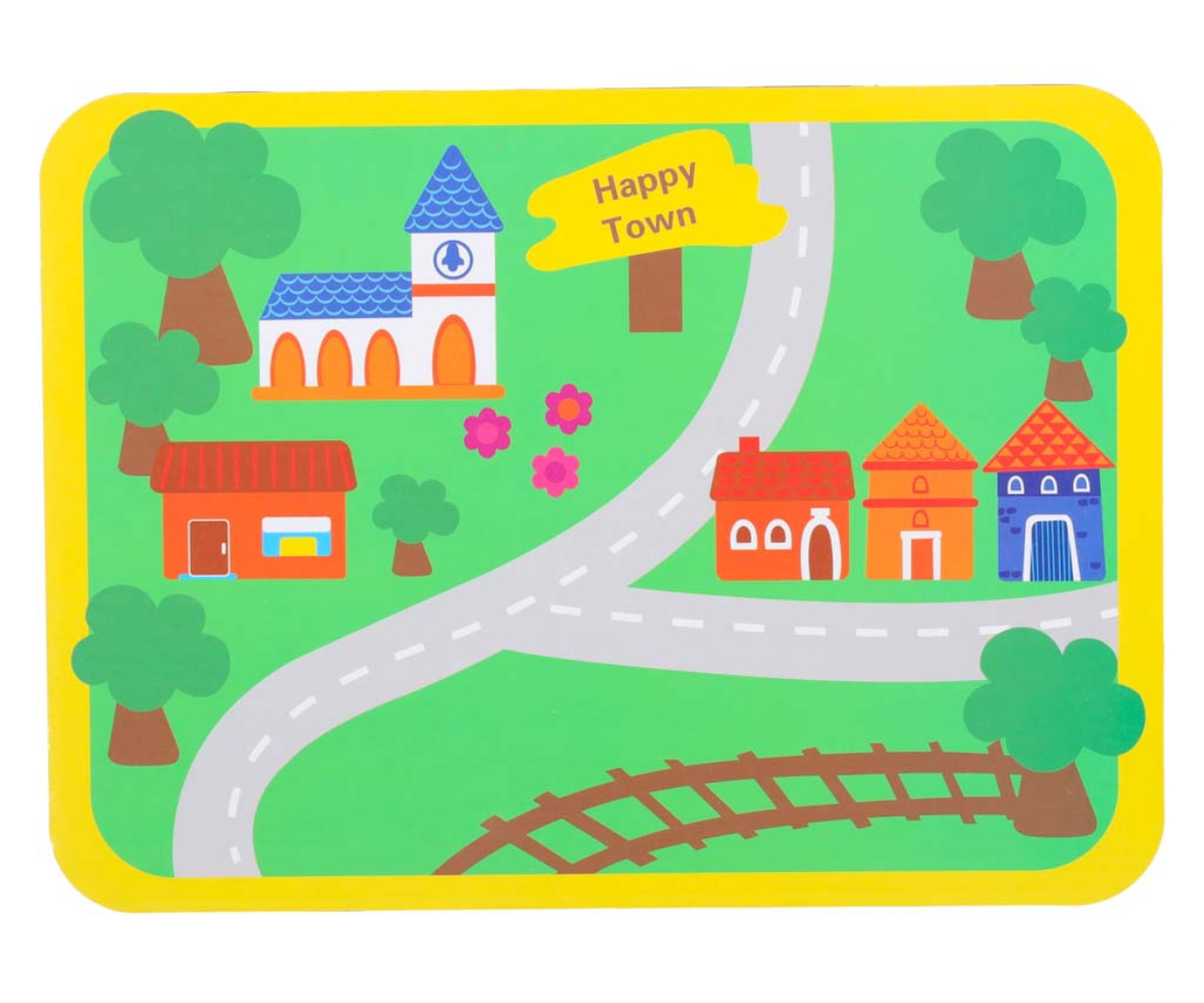 Puidust autod ja bussid laotatud papptahvlile mängimiseks.