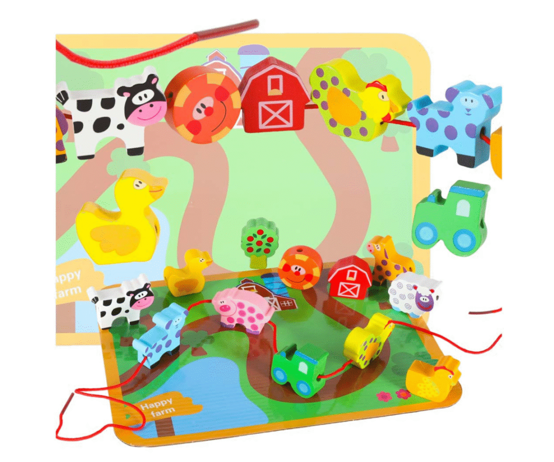 Puidust nöörimismäng talu loomade kujukeste ja tahvliga