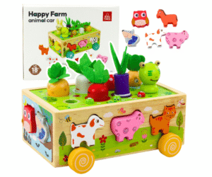 Komplektis olevad värvilised loomad, magnetilised ussikesed ja puidust alus koos pakendiga.