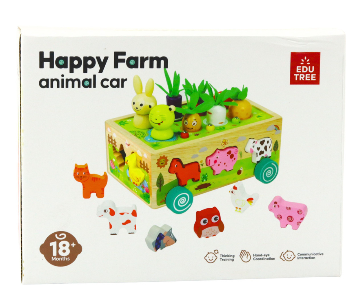 Puidust sorteerimismäng Happy Farm värviliste loomakujude ja magnetiliste ussikestega.
