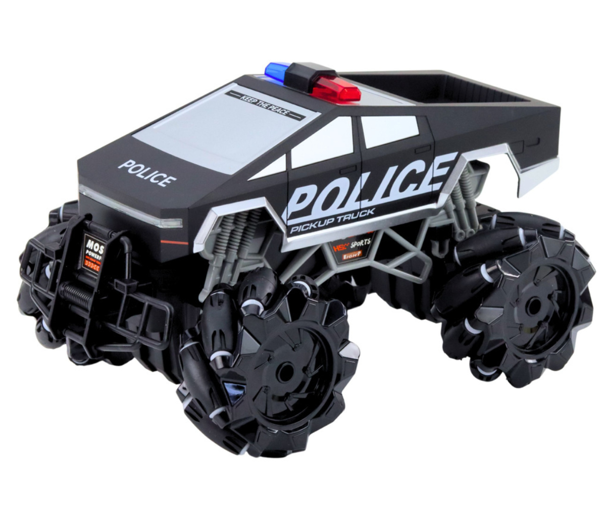 Juhtimispuldiga politseiauto 1:16 mõõtkavas koos suurte maastikurehvidega