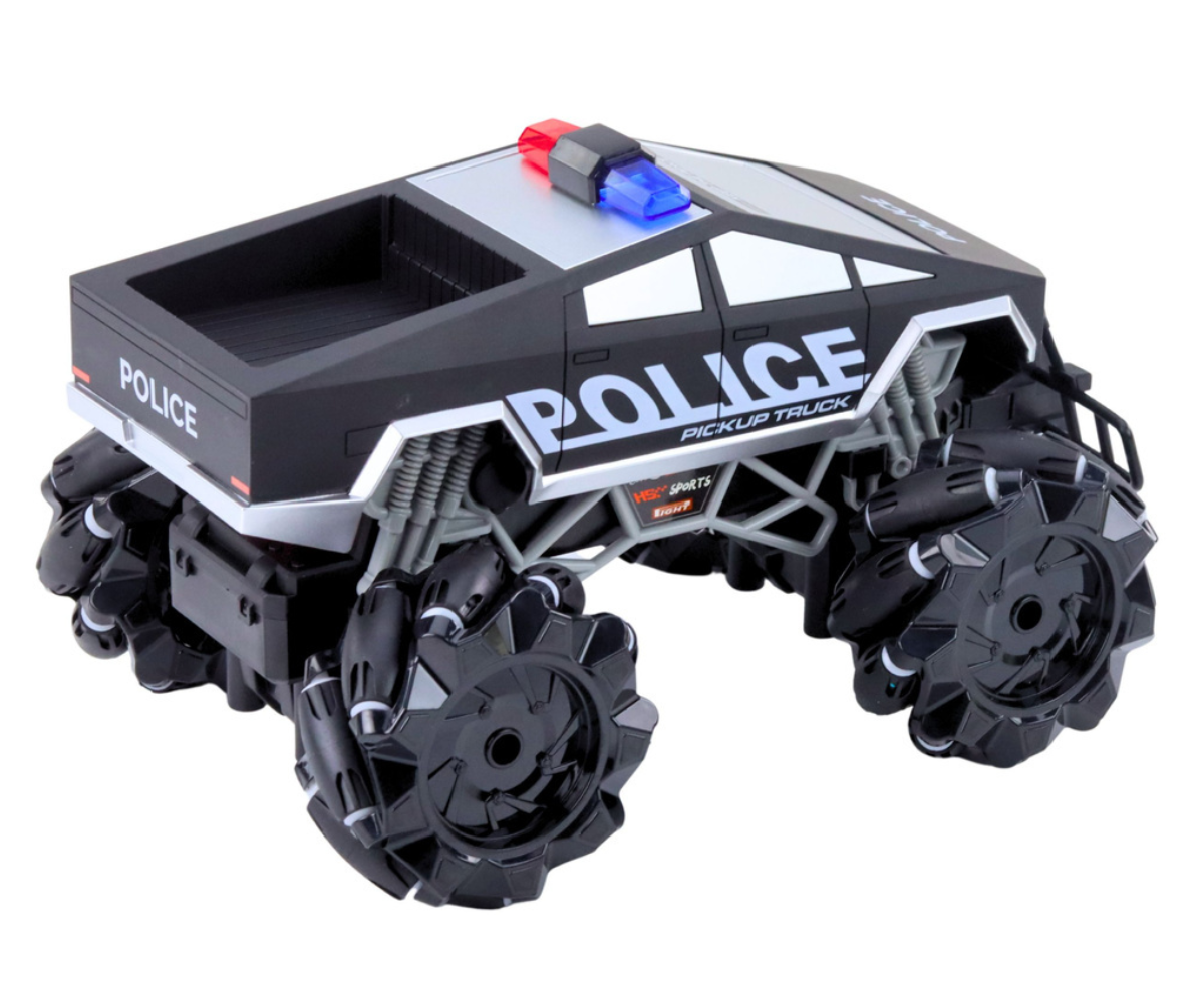 Puldiga politsei maastikuauto LED-esitulede ja suitsuefektiga sõidu ajal