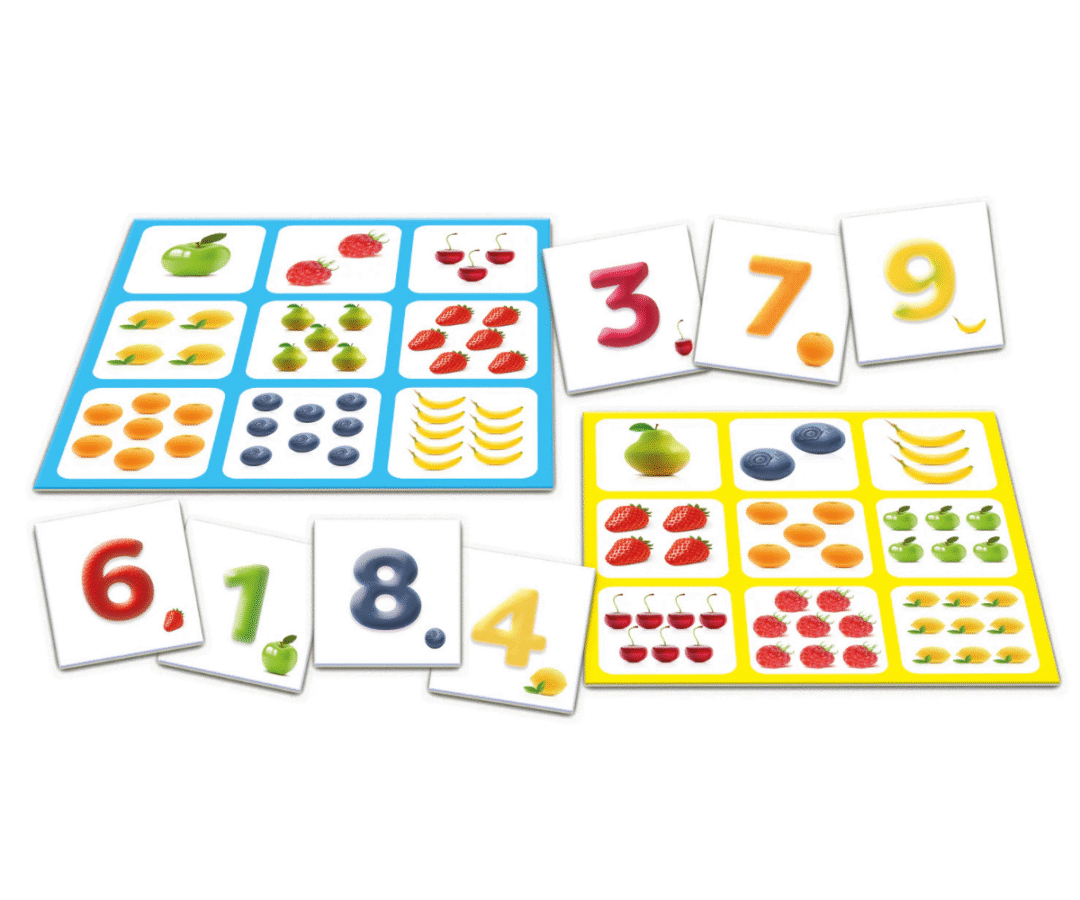 Lähivaade pildikaardile, millel on puuviljade illustratsioonid.