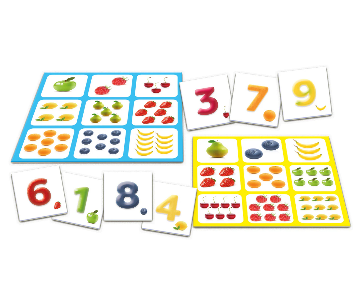 Lähivaade pildikaardile, millel on puuviljade illustratsioonid.