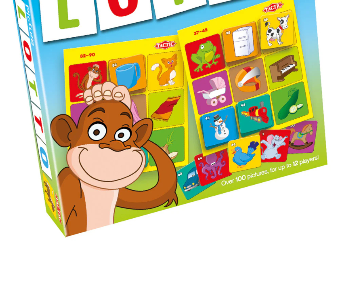 Lauamängu Pildiloto karp ja mängutarvikud laiali asetatuna.