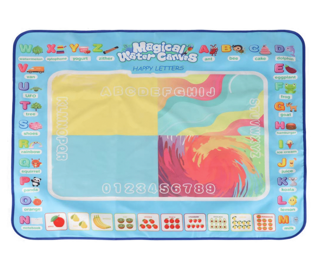 Veematt joonistamiseks koos tähestiku ja piltidega taustal.