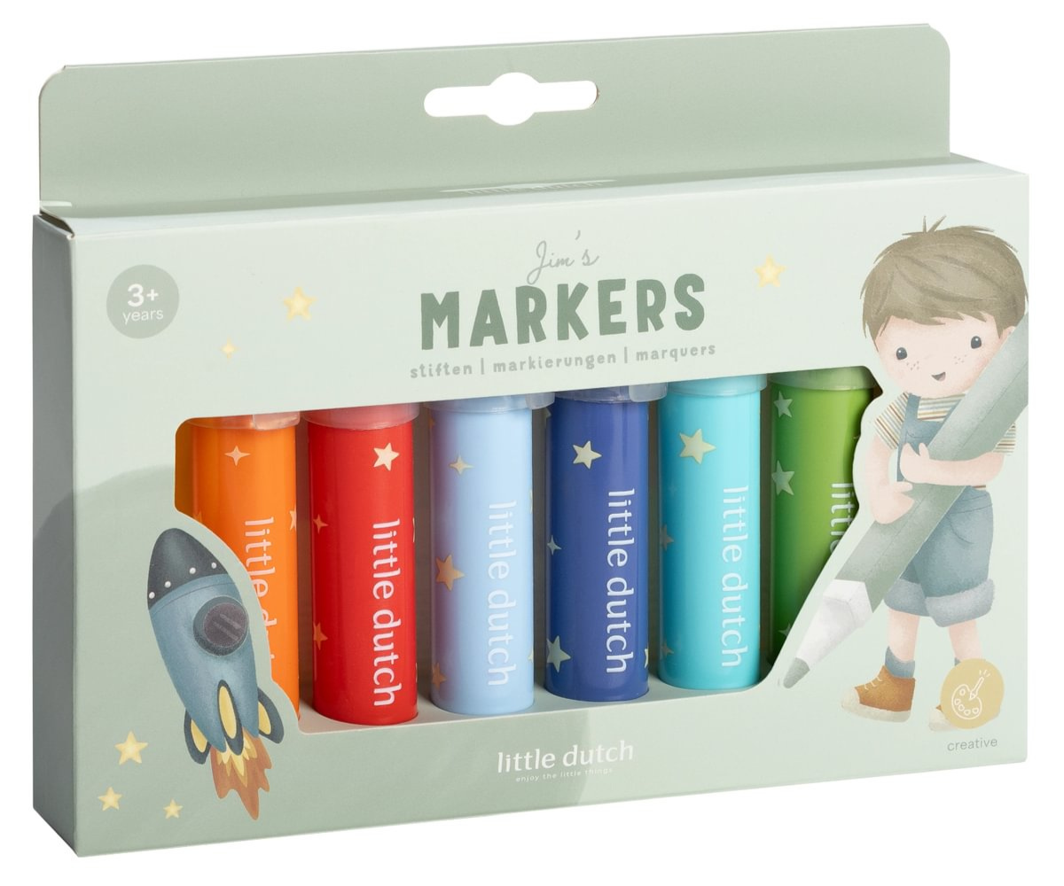 Laps joonistab Little Dutch Jim & Friends vildikatega paberile.