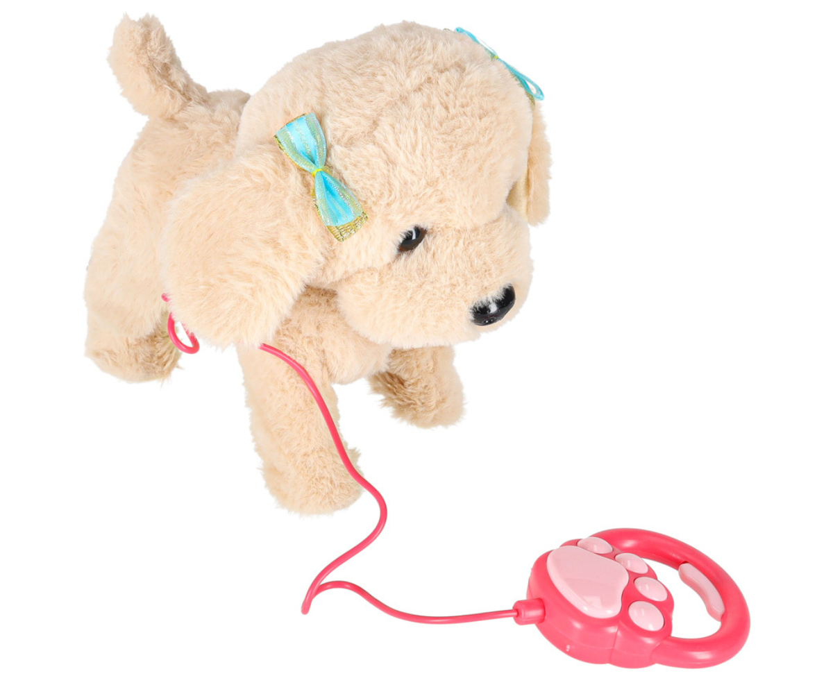 Külgvaade kõndivast interaktiivsest puudlist, saba on rõõmsalt püsti.