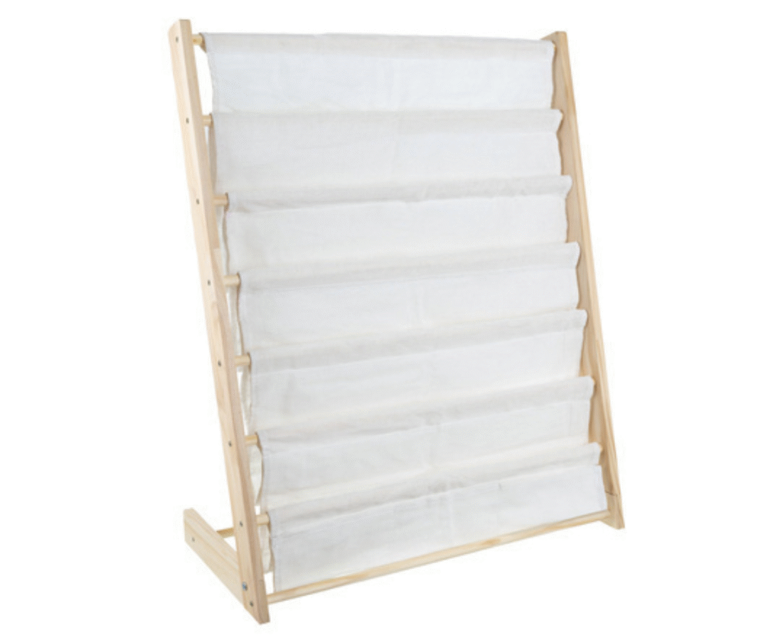 Kruzzel 25809 laste raamaturiiul puidust raamiga ja kangast riiulitega.