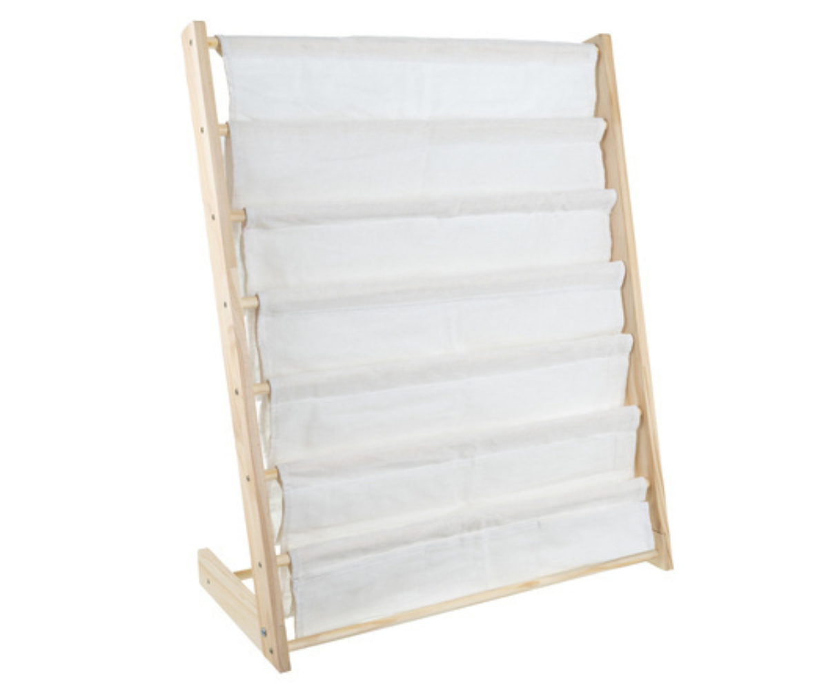 Kruzzel 25809 laste raamaturiiul puidust raamiga ja kangast riiulitega.