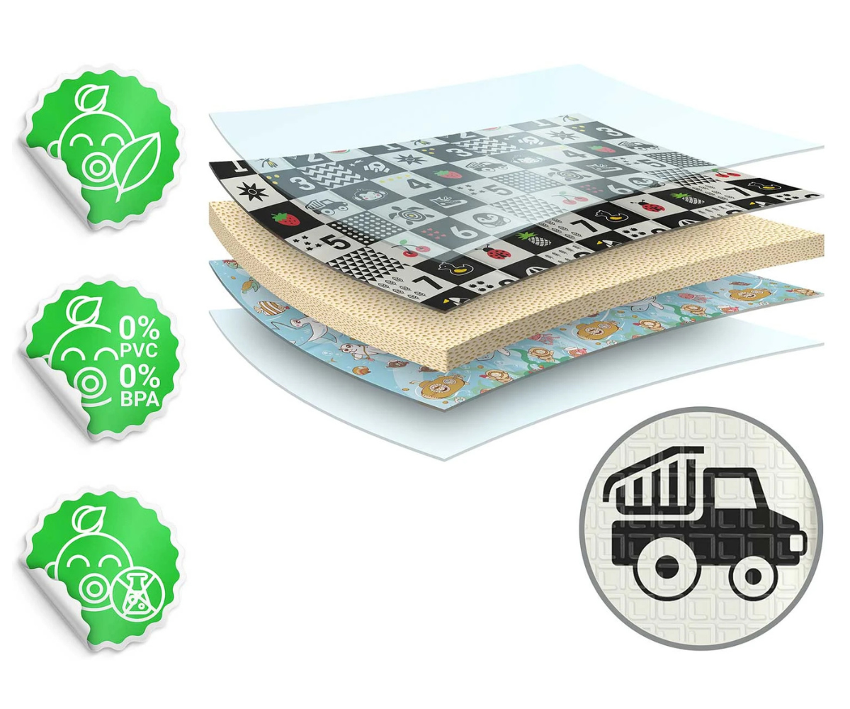 Kokkupandud Nukido mängumatt kompaktsel kujul, valmis hoiustamiseks või kaasavõtmiseks.