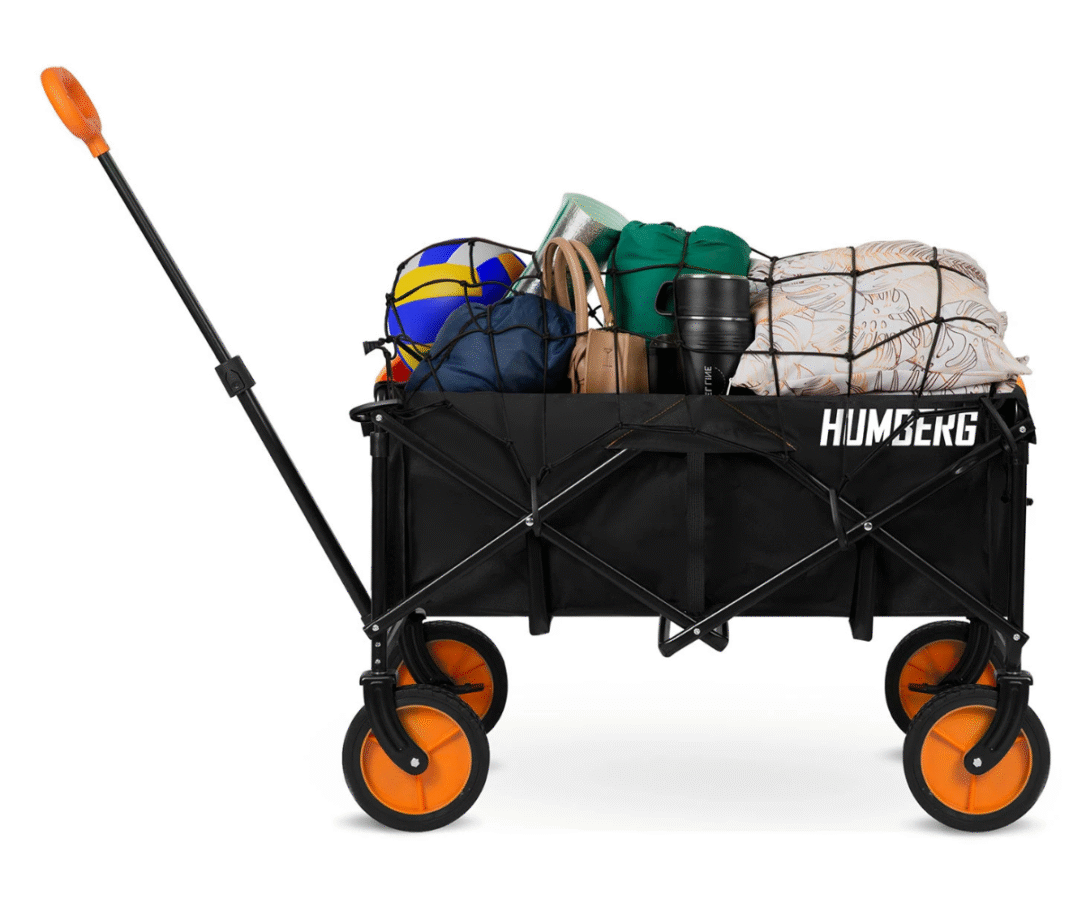 Humberg HM-513 terasraamiga käru külgvaates, paigaldatud musta võrkkattega.