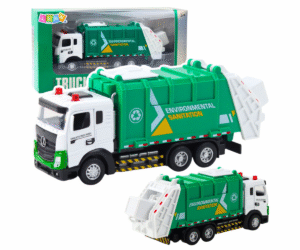 Roheline laste prügiauto metallkabiiniga ja tõstetava prügikastiga.