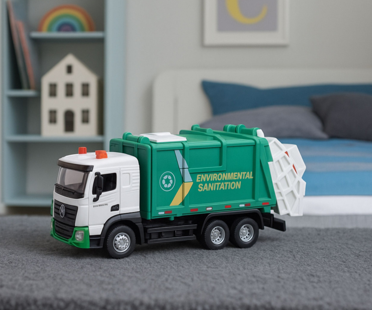 Laste prügiauto valgus- ja heliefektidega mängimise ajal.