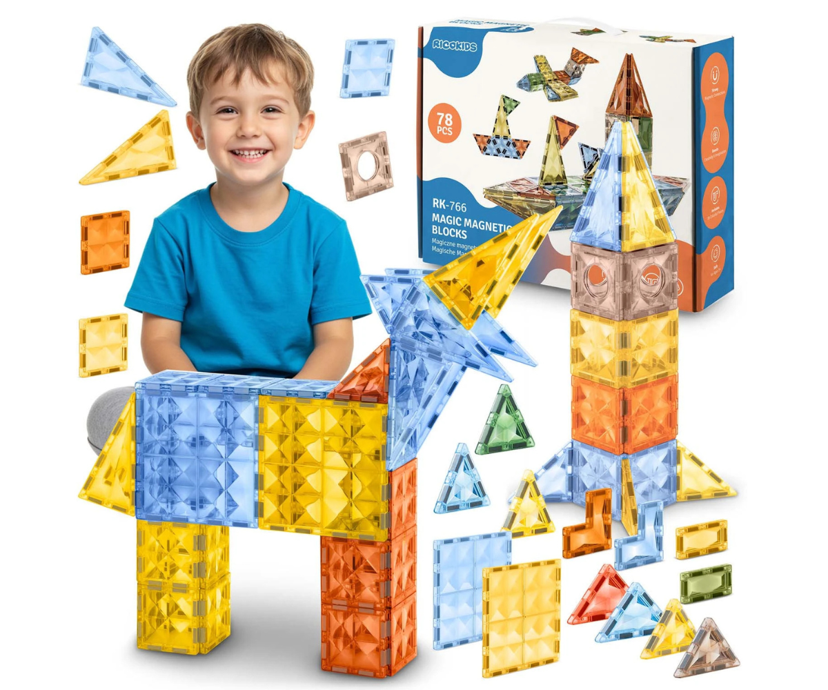 Ricokids Ükssarvik 78-osalise magnetklotside komplekti värvilised detailid.