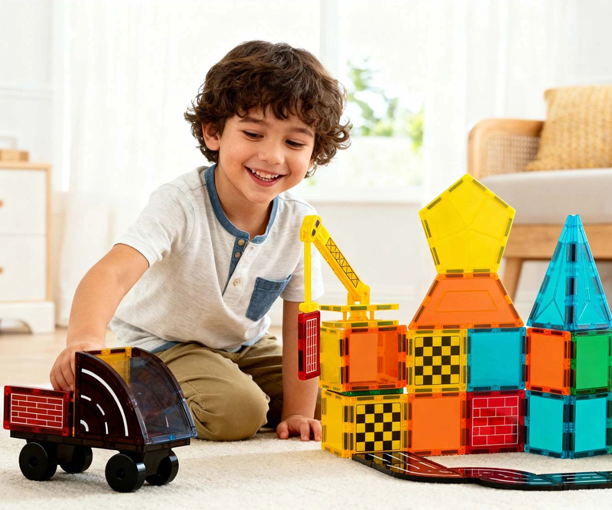 Laps ehitamas värvilist konstruktsiooni Ricokids magnetklotsidega.