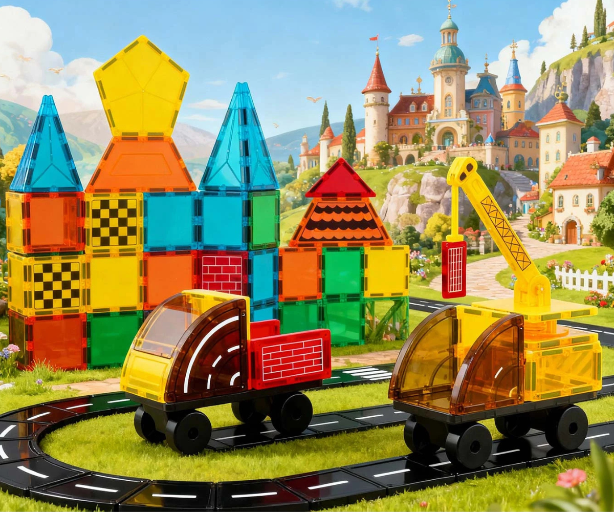 Magnetklotsidest ehitatud auto ja hoone mudel.