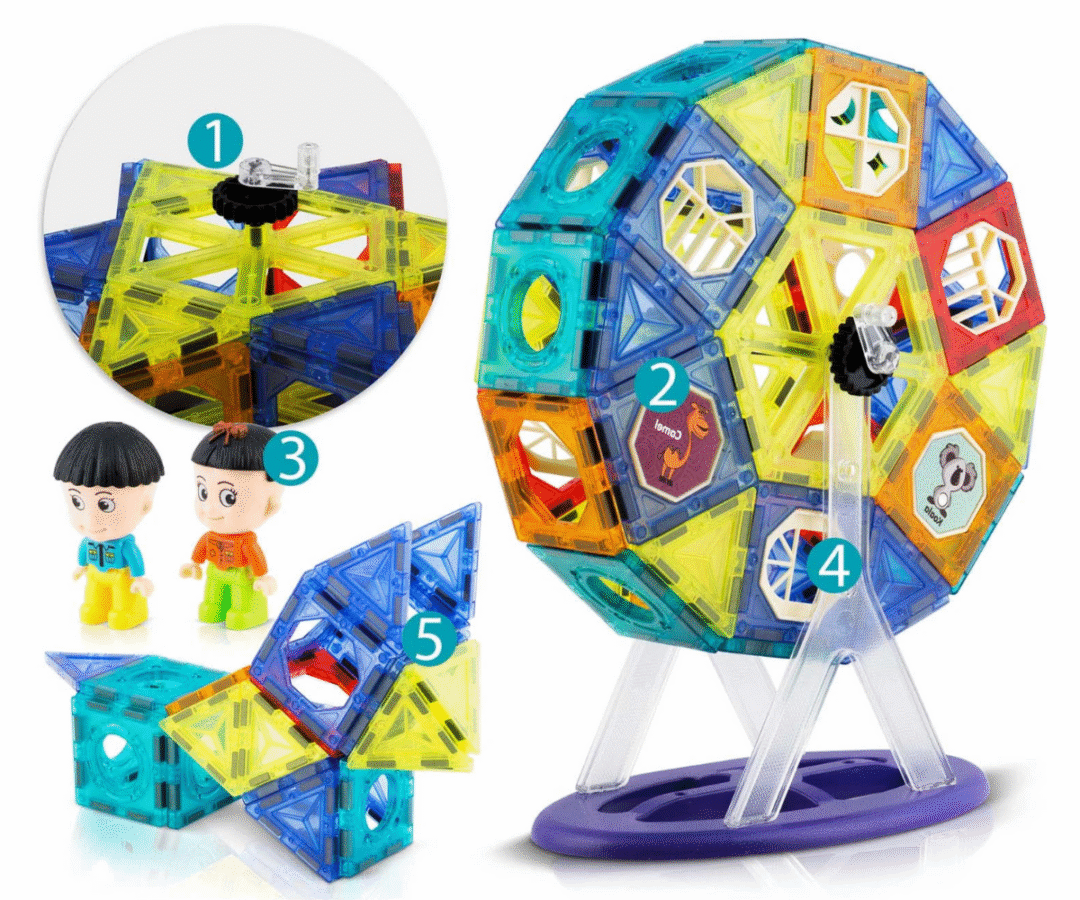 Värvilistest magnetklotsidest ehitatud vaateratta karussell koos loomade figuuridega.