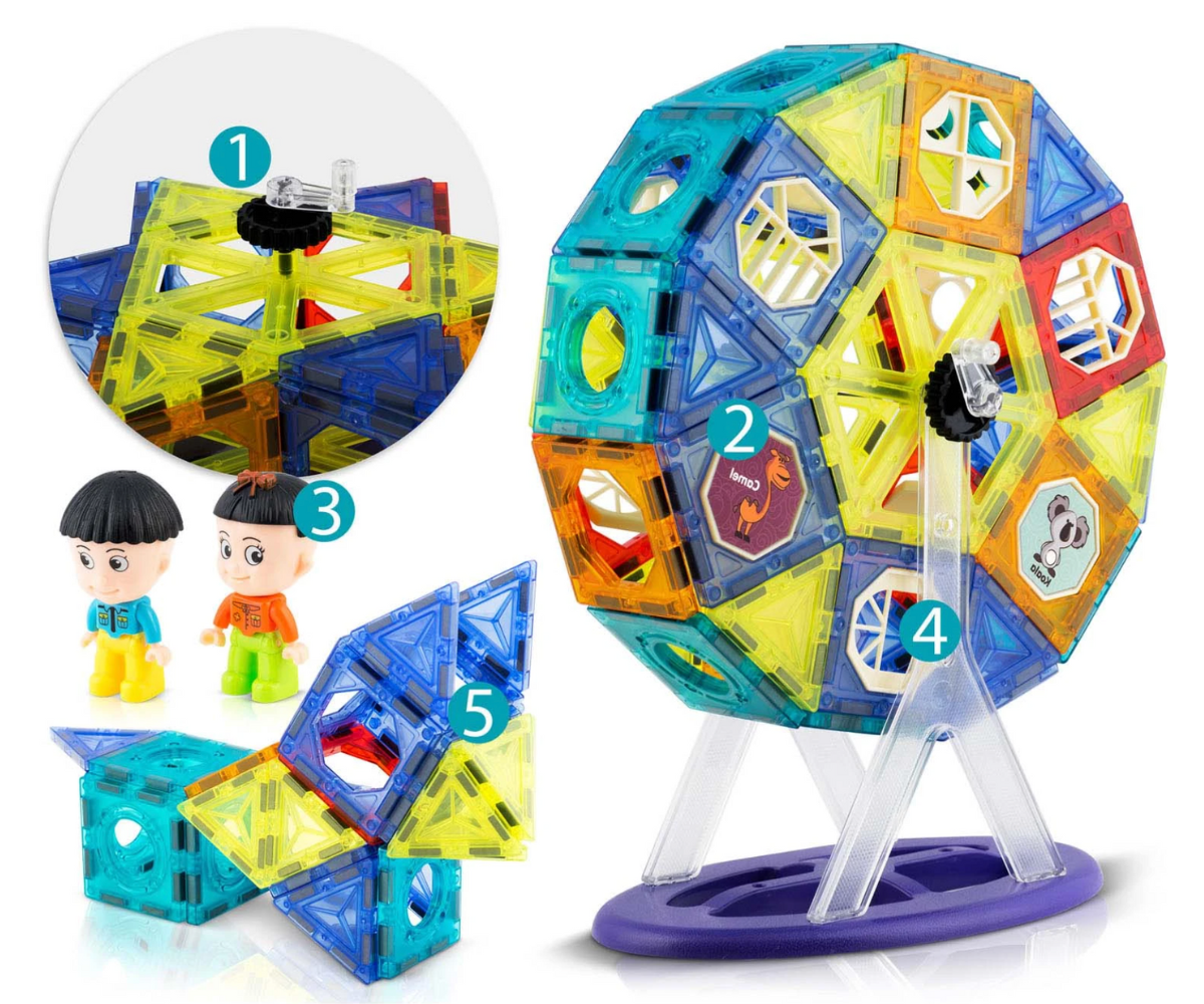 Värvilistest magnetklotsidest ehitatud vaateratta karussell koos loomade figuuridega.