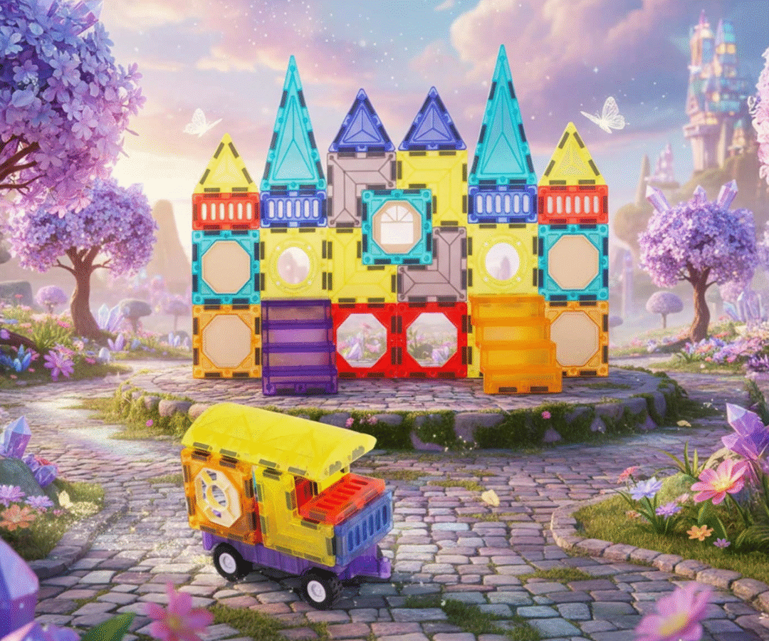 Magnetklotside komplekt laiali laotatuna, erinevad kujundid ja värvid.