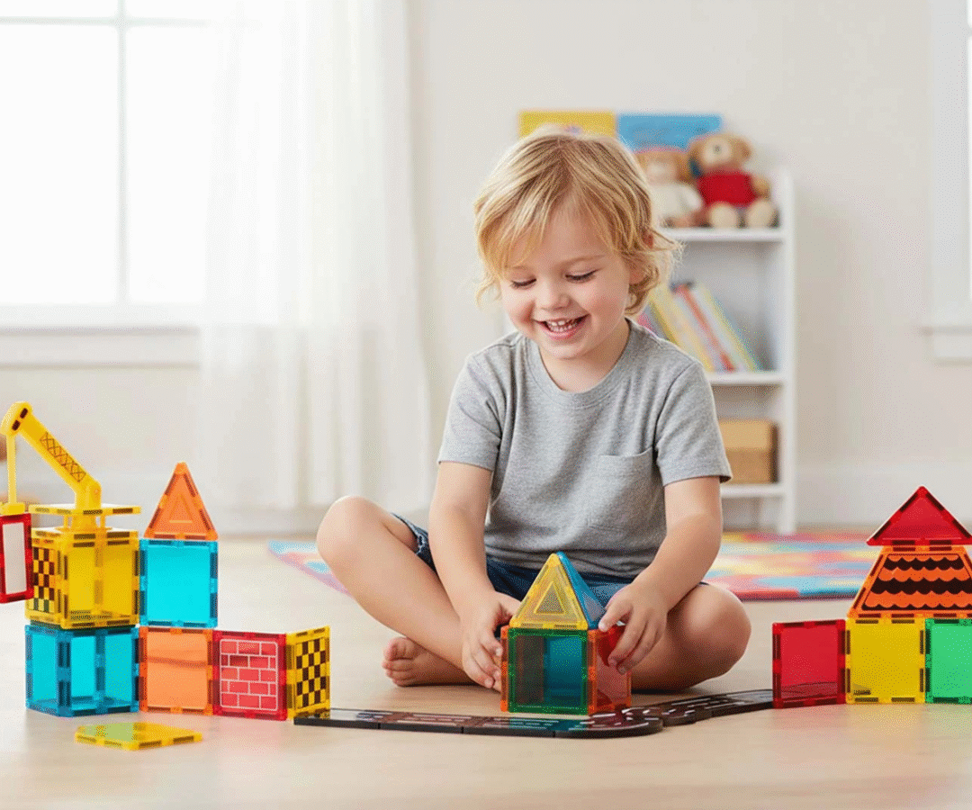 Laps mängib DIGE magnetklotsidega ja ehitab värvilise tornikonstruktsiooni