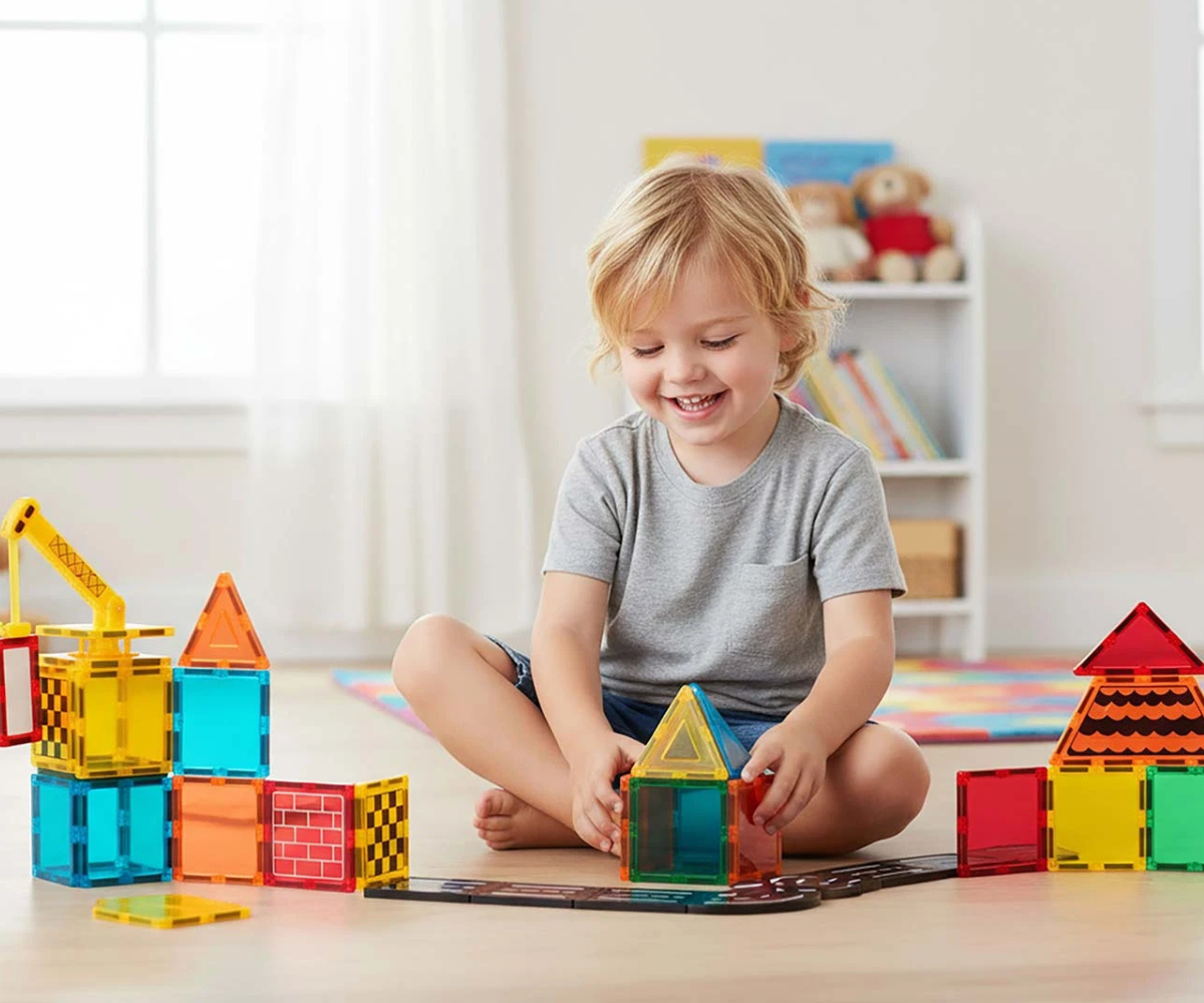 Laps mängib DIGE magnetklotsidega ja ehitab värvilise tornikonstruktsiooni