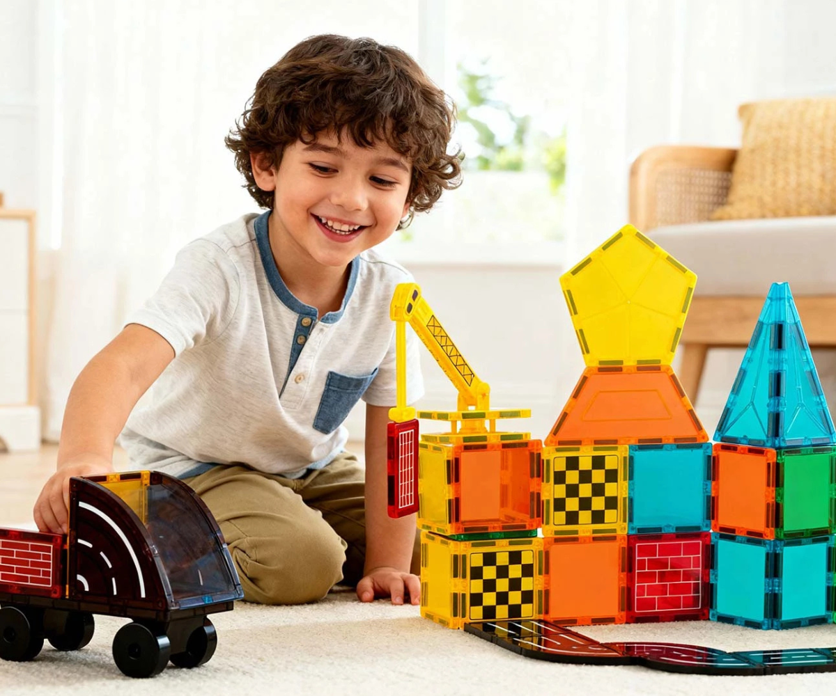 72 erinevat magnetklotsi laotuna laiali, kujud ja värvid selgelt nähtavad