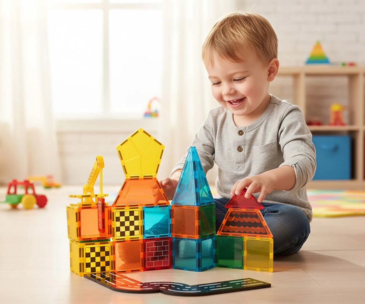 DIGE magnetklotside veoauto, millele on ehitusklotsid peale asetatud