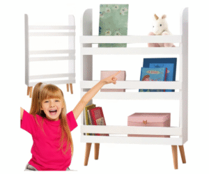 : Valge RUHHY 26440 mängu- ja raamaturiiul kolme avatud riiuliga.