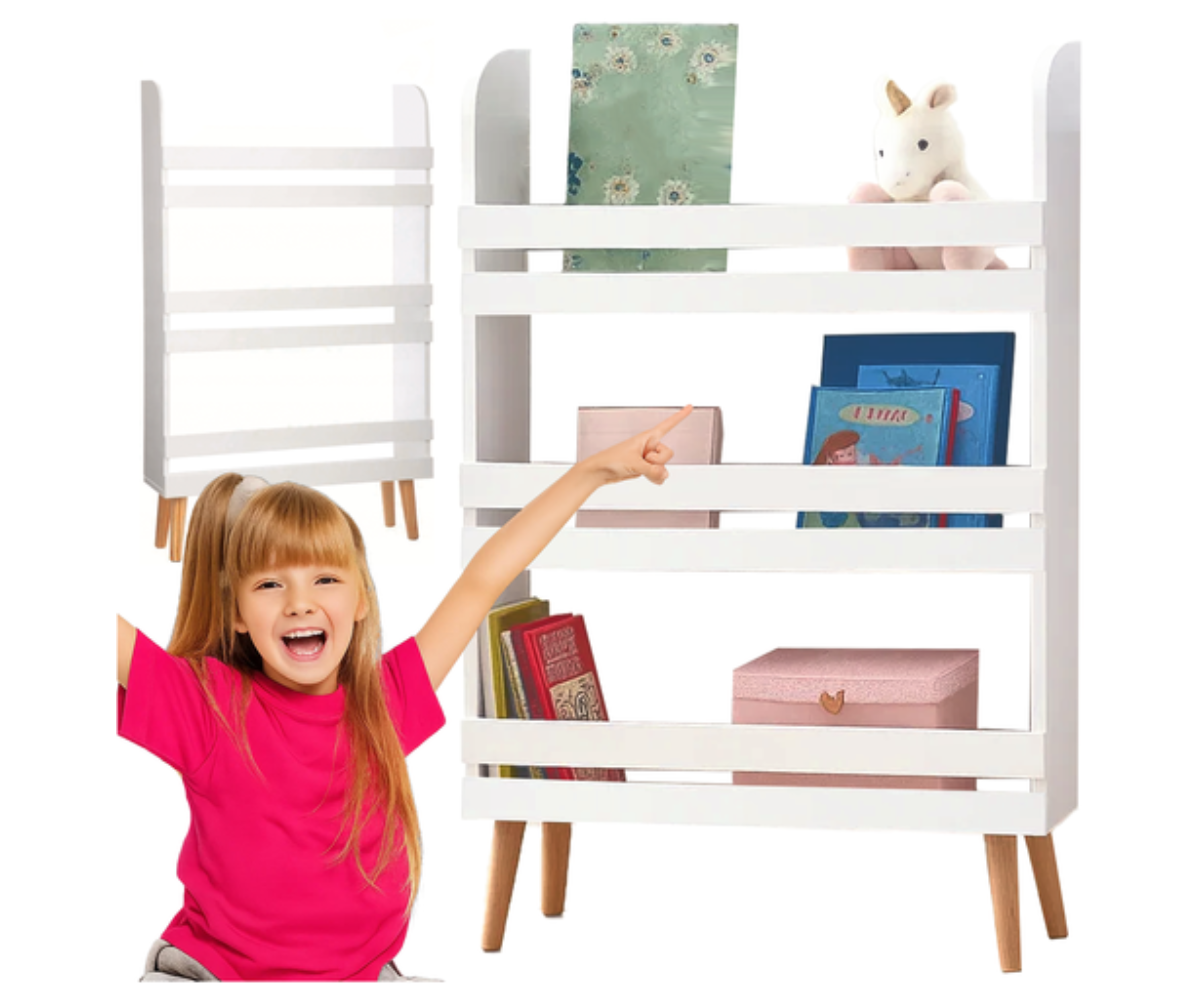 : Valge RUHHY 26440 mängu- ja raamaturiiul kolme avatud riiuliga.