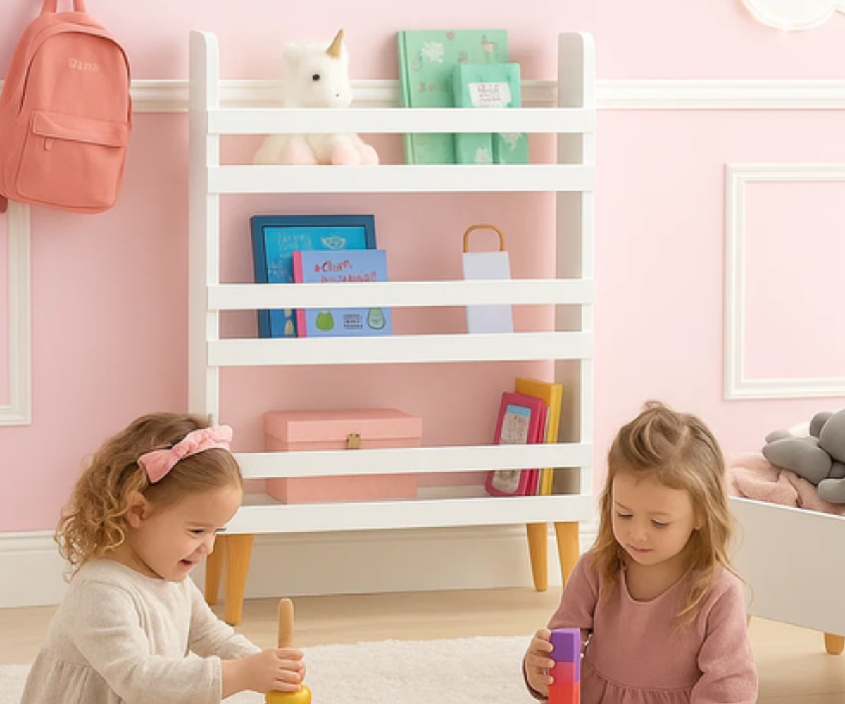 RUHHY 26440 riiul toas seina ääres mänguasjadega täidetuna.