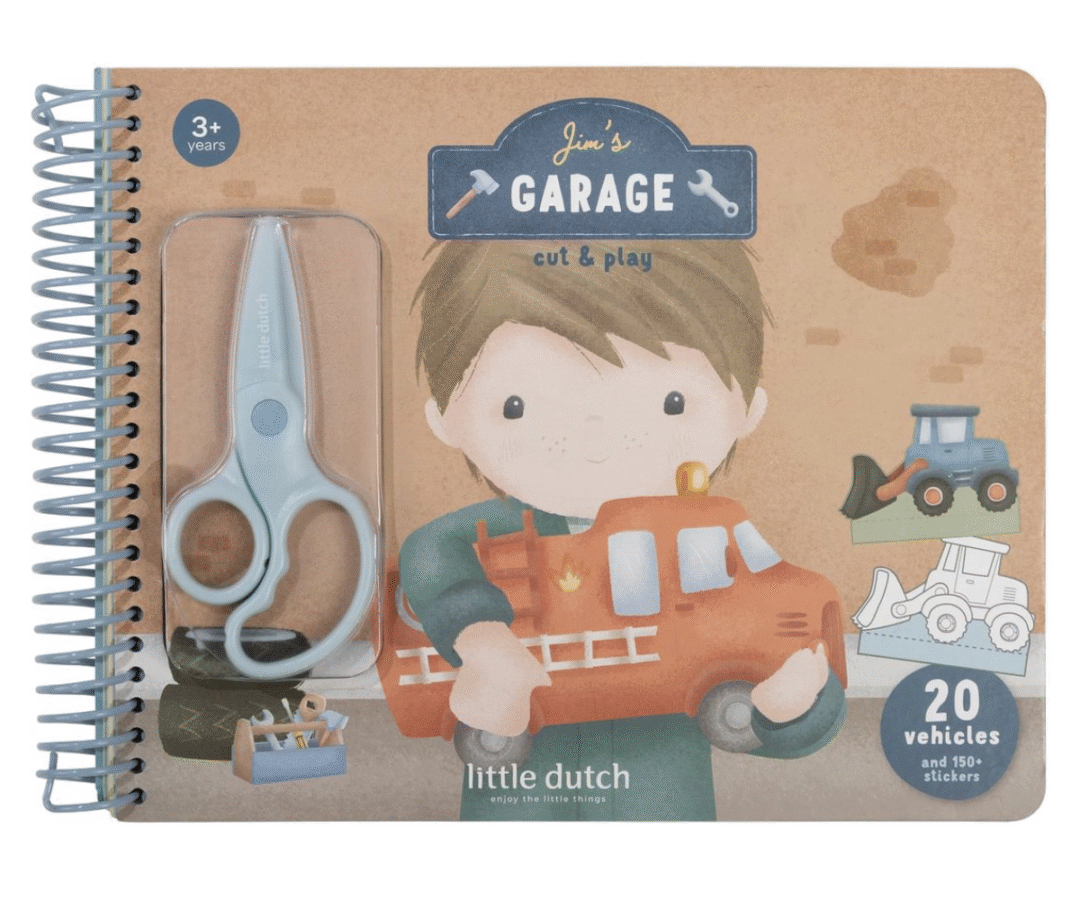Little Dutch Jim & Friends autod meisterdamisraamat koos kaasas olevate kääride ja kleepsudega.