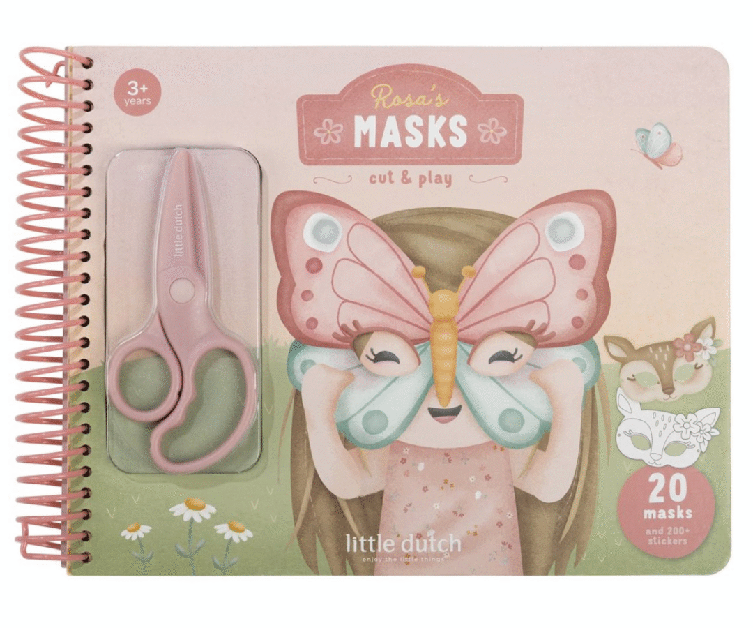 Little Dutch Rosa & Friends meisterdamisraamat koos kääride ja kleepsudega. Meisterdamisraamatu värvikas esikaas Rosa illustratsiooniga.