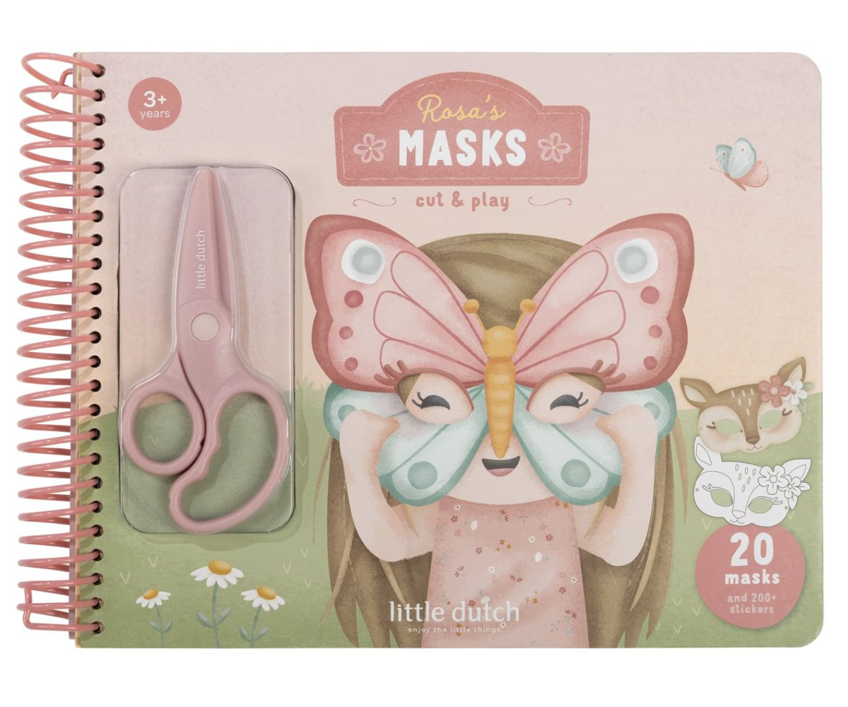 Little Dutch Rosa & Friends meisterdamisraamat koos kääride ja kleepsudega. Meisterdamisraamatu värvikas esikaas Rosa illustratsiooniga.