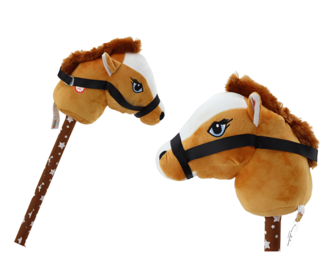 Pruun pehme kepphobune heliefektidega, realistliku peaga ja dekoratiivse tähekestega kepiga.