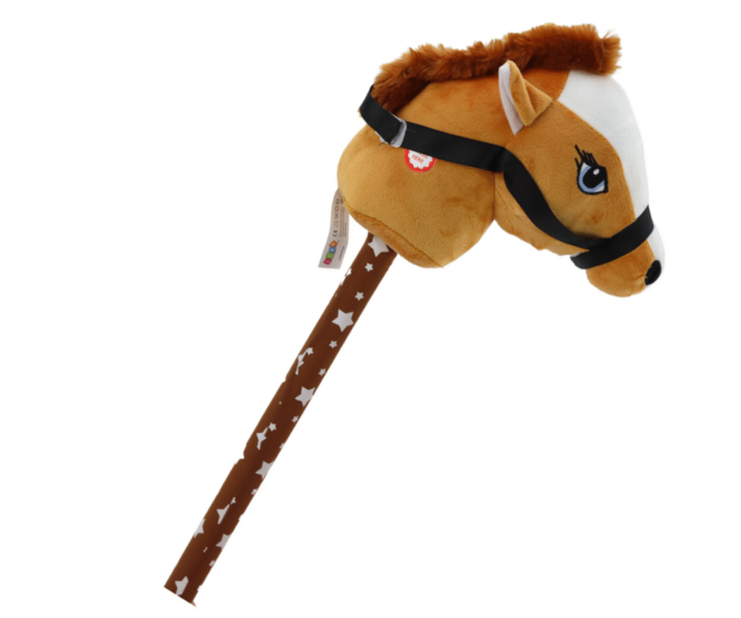 Lastele mõeldud pruun Hobby kepphobune, mis mängib kabjaplagina helisid nupuvajutusel.