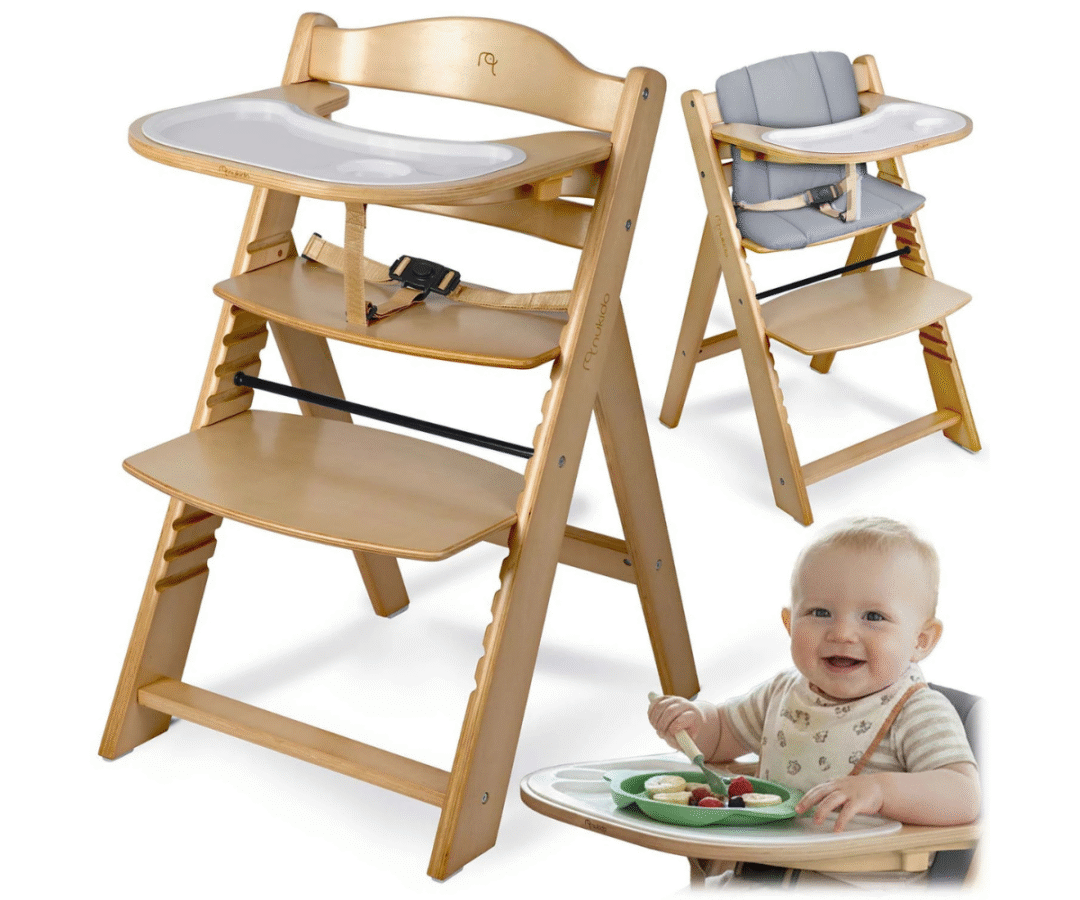 Naturaalne puidust Nukido Nelo söögitool koos eemaldatava kandikuga.