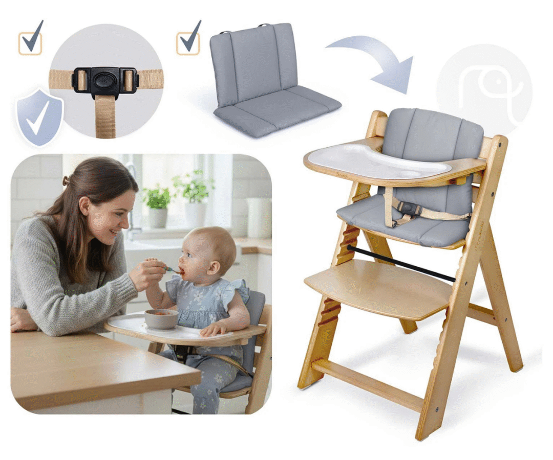 Söögitooli eesvaade pehme istmepadja ja turvarihmadega.