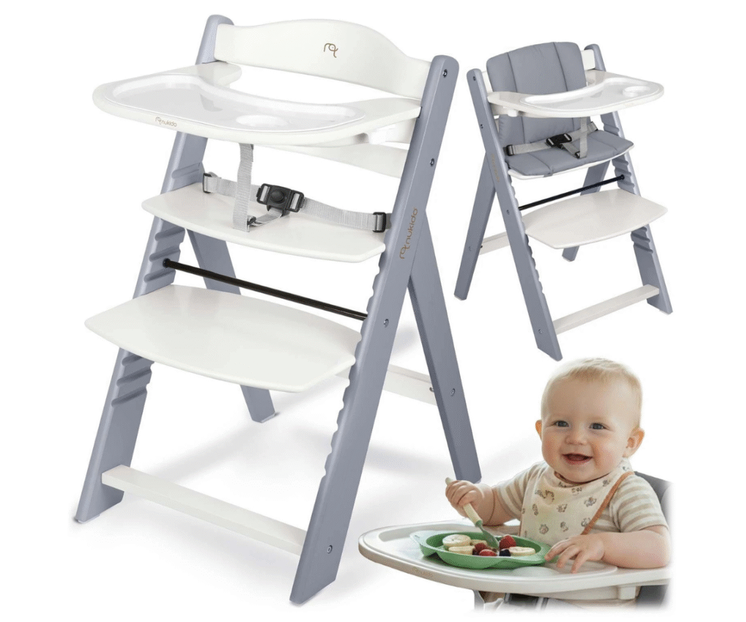 Hall puidust Nukido Nelo söögitool koos eemaldatava söögilauaga.