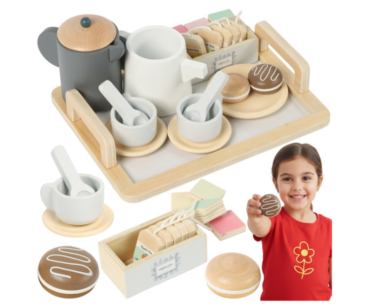 Kruzzel 26543 puidust 16-osaline teeserviis koos kannu, tasside ja makroonidega.