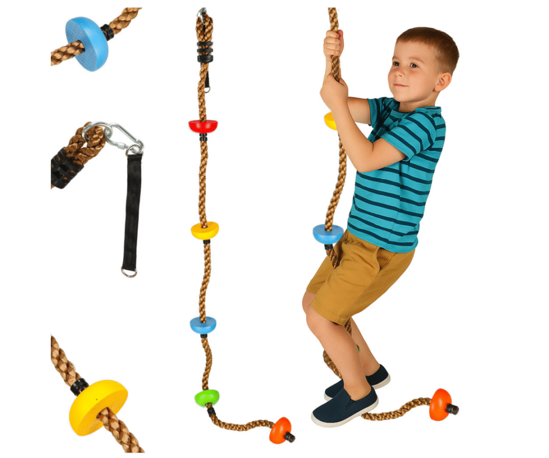 Laste värviliste ketastega ronimisköis 200 cm pikkusega, riputatuna aias puu külge.