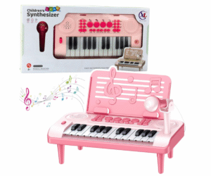 Roosa 24-klahviline laste klaver külgvaates koos mikrofoniga karaoke jaoks.