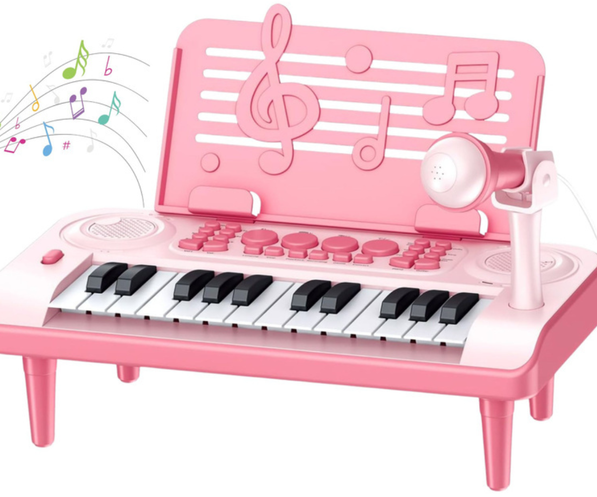 Lapsesõbralik roosa elektrooniline klaver, millel on 24 klahvi ja komplektis olev mikrofon.