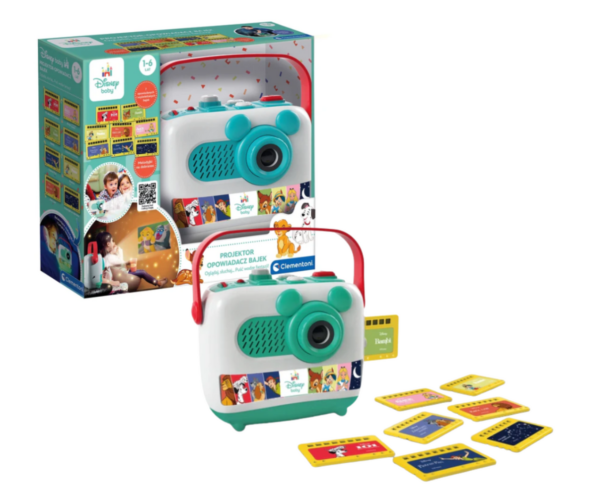 Komplektis olevad 8 Disney loo- ja hällilaulukaarti projektori kõrvale asetatuna.