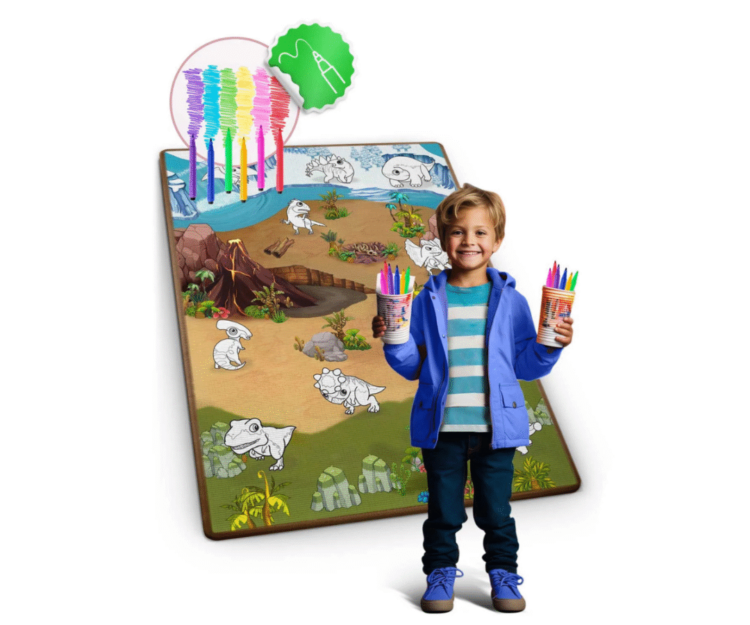 120×90 cm rullitav värvimismatt dinosauruste kujundusega, lahti laotatuna põrandal.