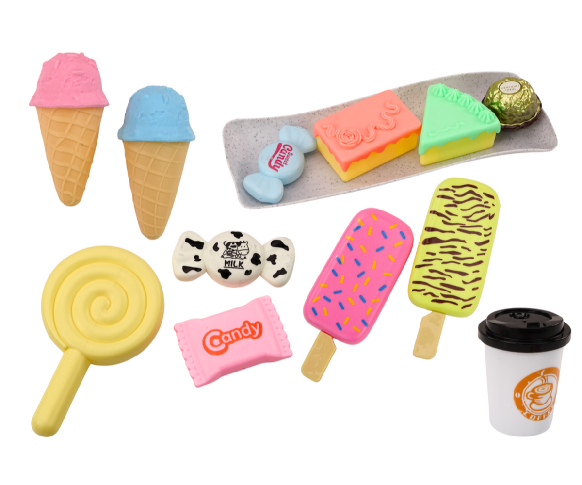 Kondiitri kohvikumängukomplekt maiustustega 25 osa, sisaldab jäätiseid, komme ja maiustusi.