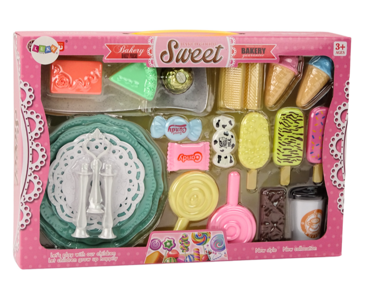 Kondiitri kohvikumängukomplekt maiustustega 25 osa, pakendatud atraktiivselt lastele.